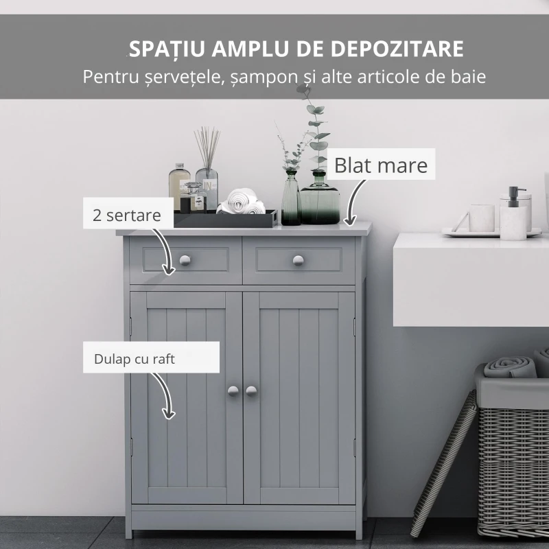kleankin Mobilier de baie pe picioare, dulap de baie 2 uși 2 sertare 60 x 30 x 75 cm gri