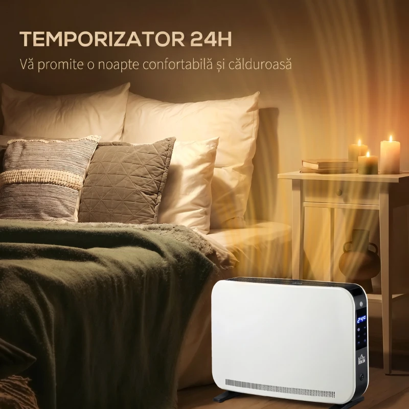 HOMCOM Radiator Electric cu 3 Moduri, Timer și Termostat, din Oțel și Plastic, 60x18.5x39.5 cm, Alb și Negru