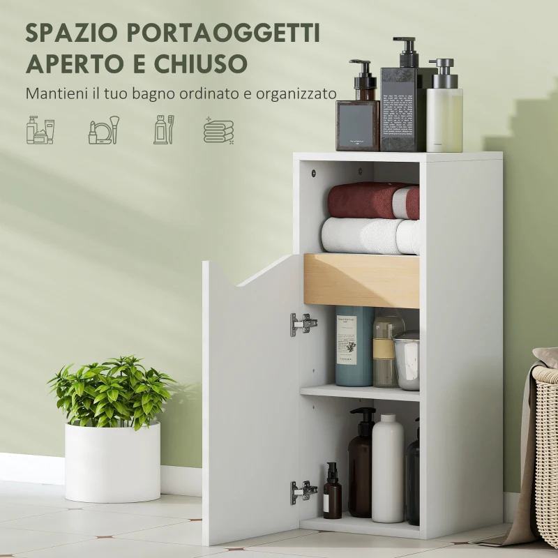 HOMCOM Mobiletto Bagno con Armadietto con Anta Ammortizzata e Vano Aperto, 30x30x71.5 cm, Bianco e Legno