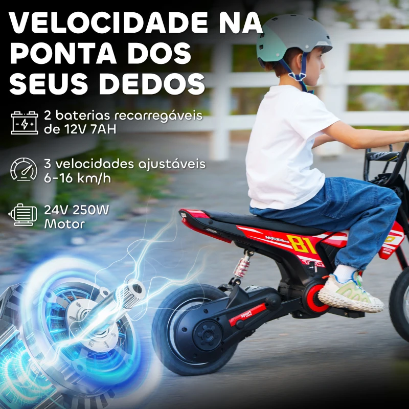AIYAPLAY Mota Elétrica para Crianças 24V com Motor 250W Velocidade de 6-16km/h Rodas de 30,5 cm para Crianças de 8-12 Anos Vermelho