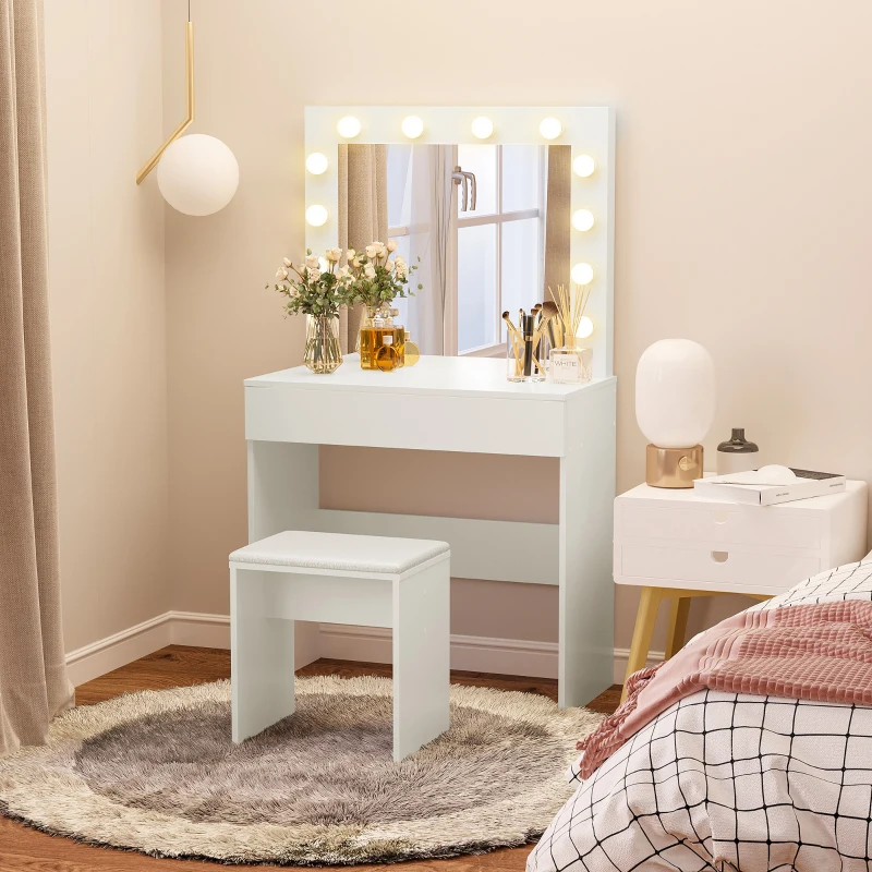 HOMCOM Postazione Trucco, Toeletta Trucco con Specchio, 12 Luci LED, Sgabello Imbottito e Ampio Cassetto in Legno, 80x40x140 cm, Bianco
