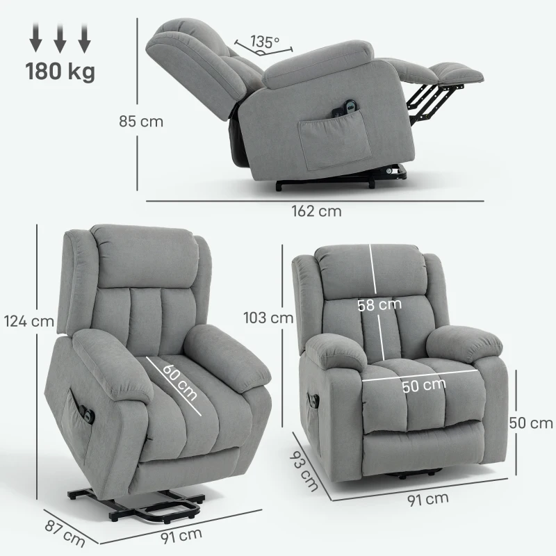 HOMCOM Power Lift Recliner Chair with Vibration Massage, Lift Chair for Elderly with Footrest, Remote, Side Pocket, Light Grey