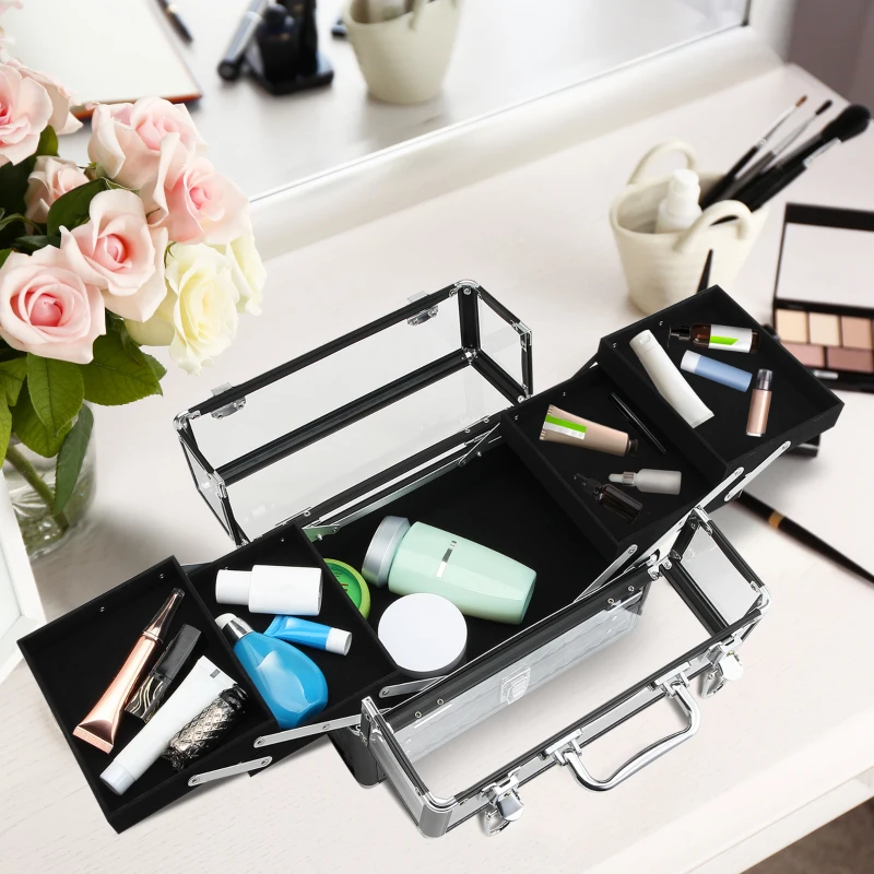 HOMCOM Maletín de Maquillaje Bisutería Organizador Cosméticos Portátil Múltiples Niveles Con Asa y Bandejas Desplegables Aleación de Aluminio 30x18,5x22 cm Transparente y Negro