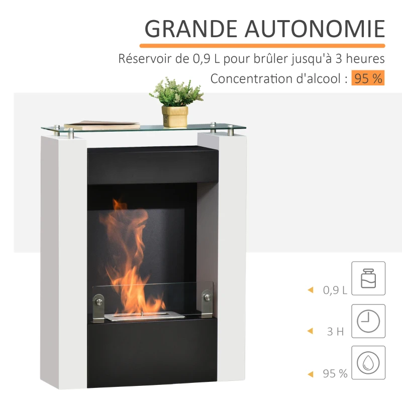 HOMCOM Cheminée bioéthanol brûleur 0,9 L avec plateau de rangement en verre trempé 60 x 20 x 79 cm Acier Noir et Blanc