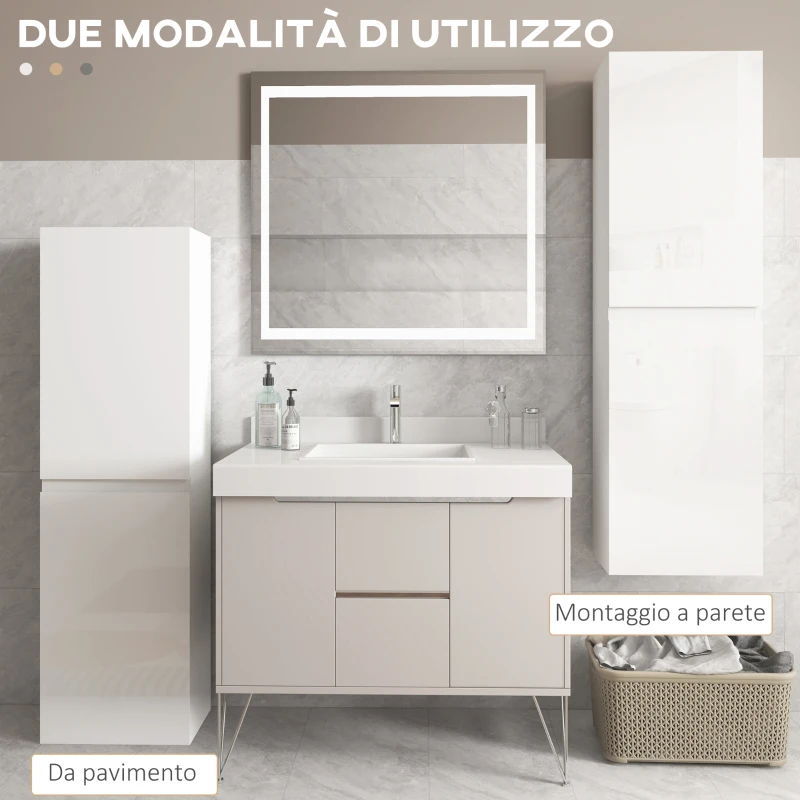 kleankin Mobile Bagno Alto a Colonna con Ante, 2 Armadietti, Mobiletto Bagno Salvaspazio con Ripiani Regolabili, Bianco Lucido