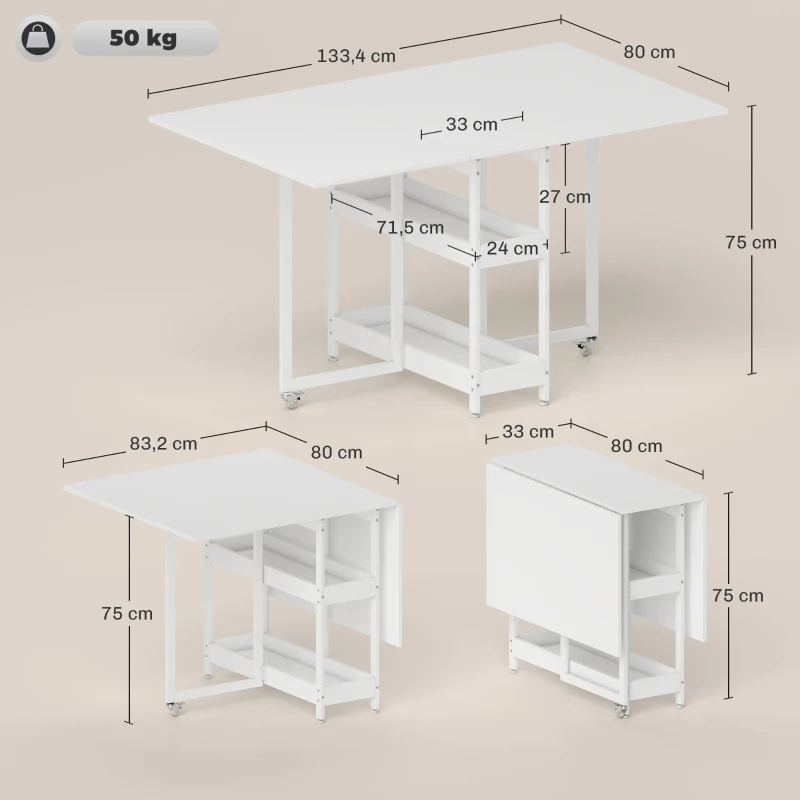 HOMCOM Table à manger pliante sur roulettes 4 personnes avec compartiments ouverts, pour petits espaces, salle à manger, blanc