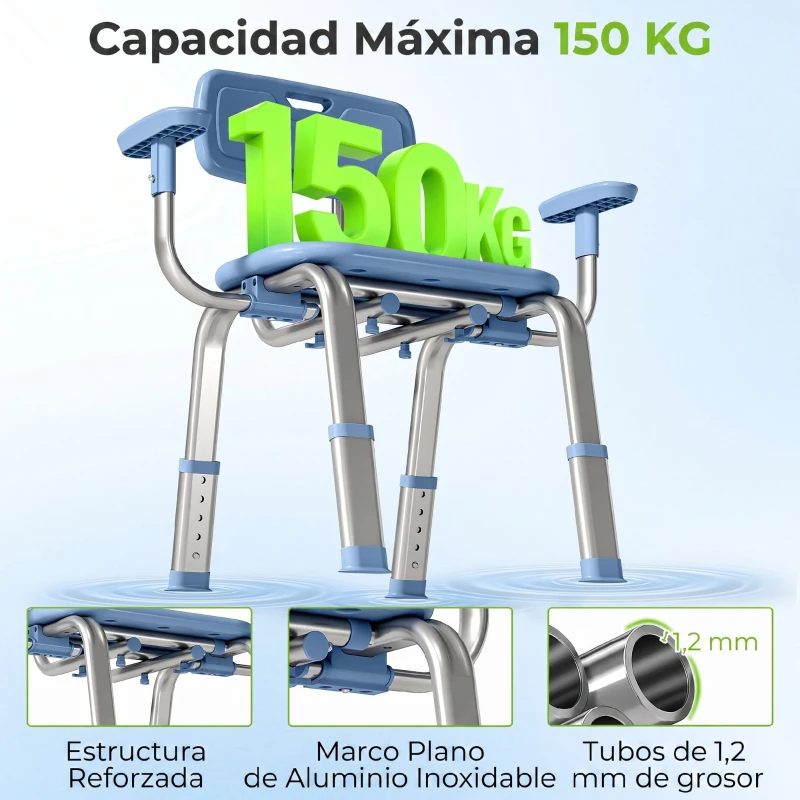 HOMCOM Silla Ducha Personas Mayores Antideslizante con Reposabrazos Ajustable Altura Ajustable Carga 150 kg Azul