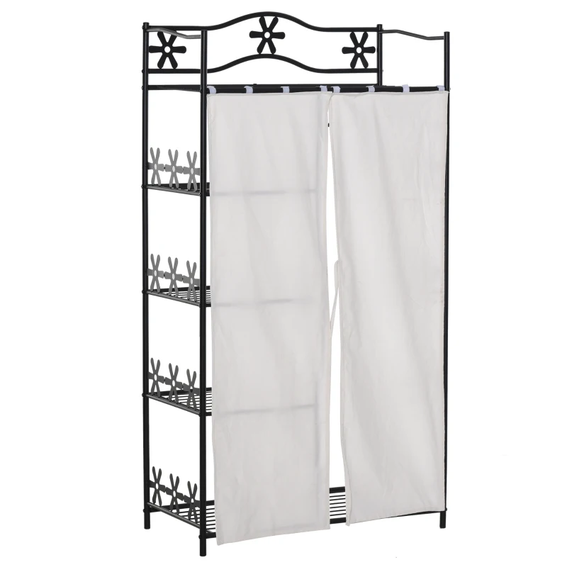 HOMCOM Armoire Chambre adulte Penderie Vêtement Dressing Multi Rangements 5 étagères 84L x 42l x 159H cm métal Noir 2 Rideaux Blanc