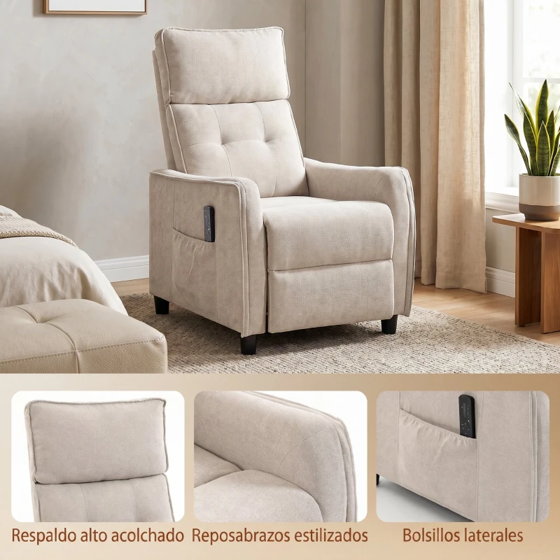 HOMCOM Sillón de Masaje Reclinable con Reposapiés 2 Zonas de Masaje Asiento de Muelles Bolsillos Tapizado en Lino Crema
