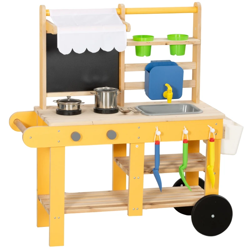 AIYAPLAY Cozinha Infantil Exterior de Madeira com Rodas Água Real Vasos Quadro e 15 Acessórios 84,2x34,4x90 cm Amarelo