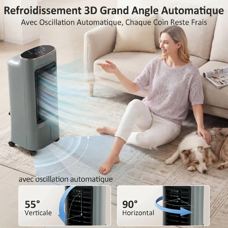 HOMCOM Refroidisseur d'air mobile 4 en 1 humidificateur purificateur ventilateur, oscillation 90°, 3 vitesses, 3 modes, gris