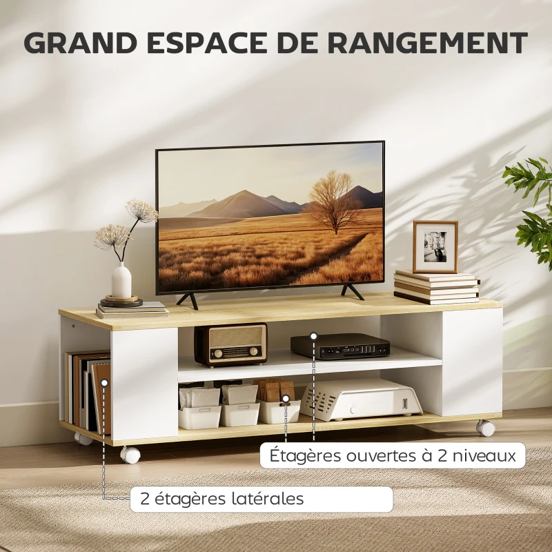 HOMCOM Meuble TV avec roulettes 120 cm, meuble télé pour téléviseur jusqu'à 55 pouces, 2 étagères ouvertes, blanc et naturel