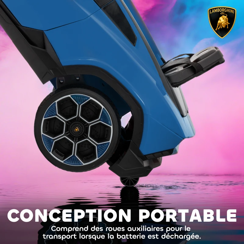 AIYAPLAY Voiture électrique enfant véhicule électrique Lamborghini 12V télécommande 2,4G et 2 moteurs vitesse max. 4 km/h bleu