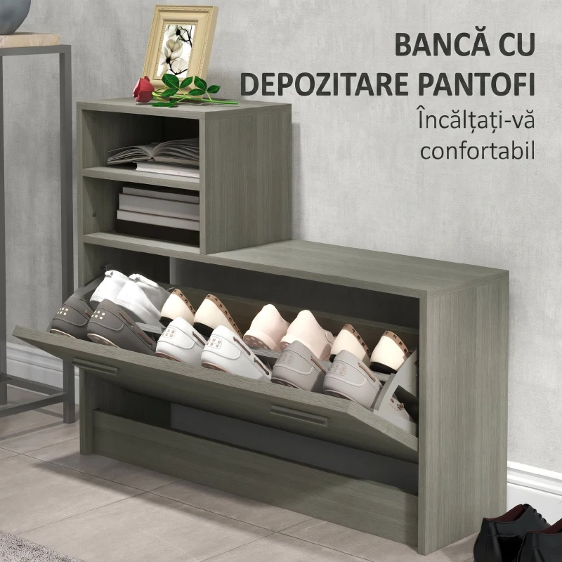 HOMCOM Set de mobilier pentru hol cu cuier, oglindă, bancă cu raft și dulap pentru 8 perechi de pantofi, gri(m-6)