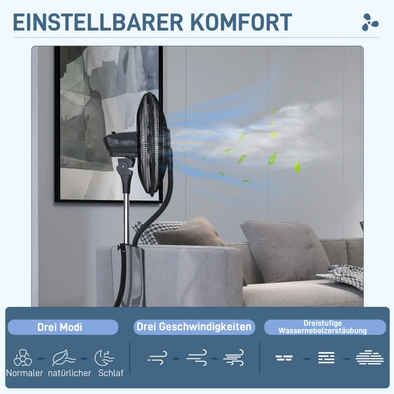 HOMCOM Standventilator mit Luftbefeuchtung, leise, mobil, Fernsteuerung, Schwarz