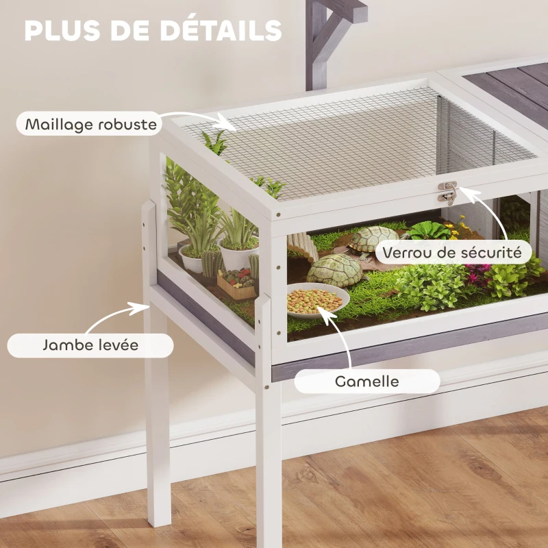 PawHut Maison pour tortues enclos tortue en bois 2 espaces support de lampe toit ouvrable plateau coulissant 104x53x82cm gris(m-9)