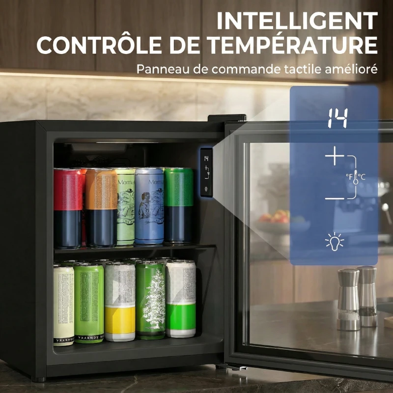 HOMCOM Réfrigérateur à boissons 46L 59 canettes, mini frigo silencieux pose libre avec porte en verre trempé double, noir