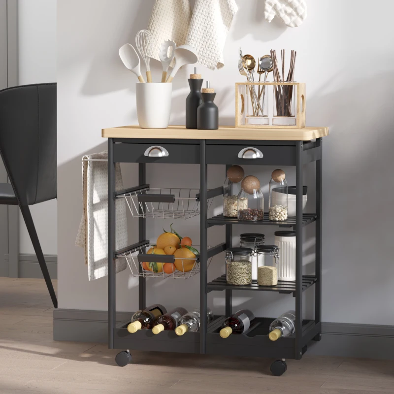 HOMCOM Küchenwagen Küchenrollwagen Servierwagen mit ausziehbarem Korb Schublade Weinablage Küchentrolley rollbar Holz schwarz 74 x 37 x 76 cm
