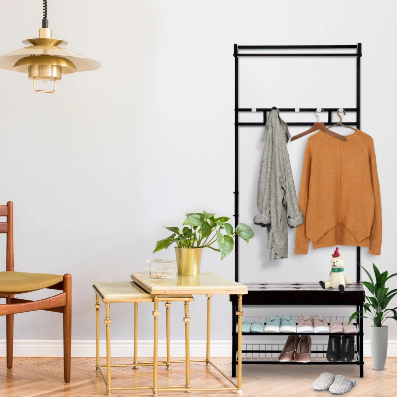 HOMCOM Porte-manteau vestiaire d'entrée banc intégré 2 étagères 5 patères + barre de penderie métal noir revêtement synthétique chocolat