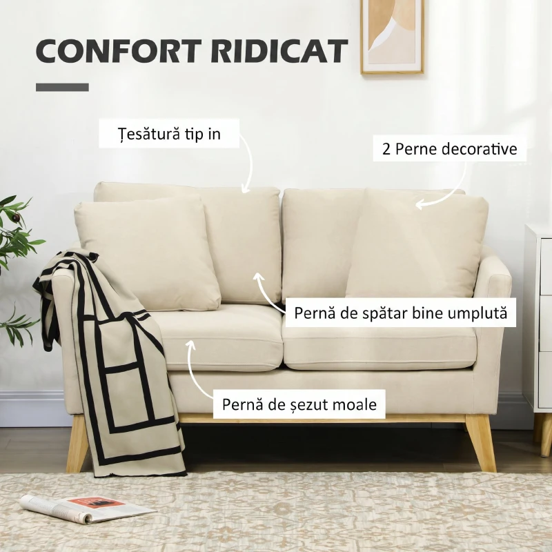 Homcom Canapea 2 Persoane – Tapitata Bej cu Perne Decorative