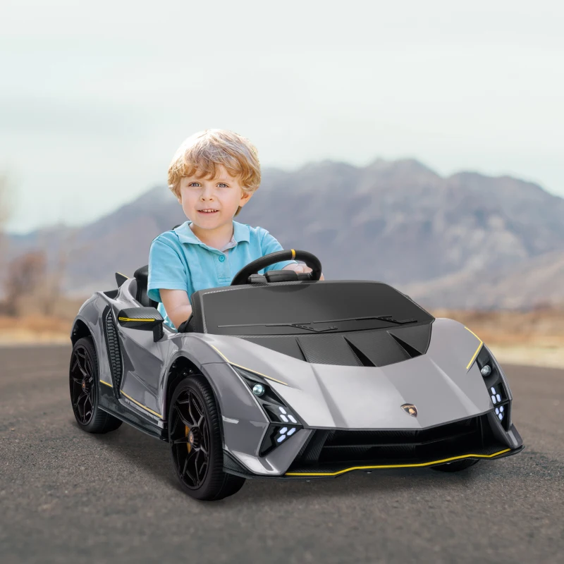 AIYAPLAY Carro Elétrico para Crianças Lamborghini 12V Controlo Remoto Faróis Buzina Arranque Lento e Música MP3 114,5x64x45,5 cm Cinza