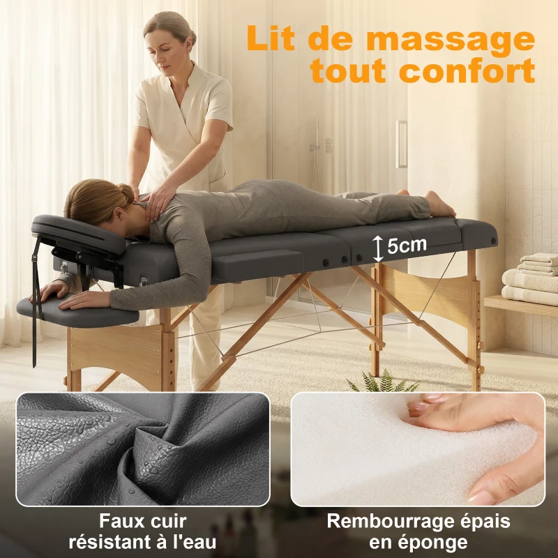 HOMCOM Table de massage pliante, lit de massage 3 zones portable 185 x 60 cm, hauteur et dossier réglables, appui-tête, gris