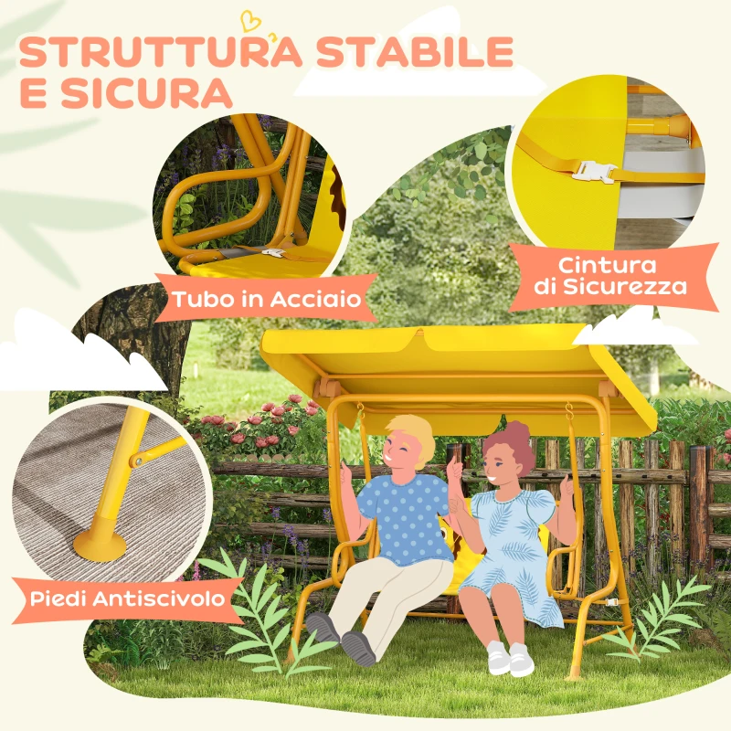 AIYAPLAY Dondolo per Bambini da Esterno a 2 Posti con Tettuccio Regolabile e Cinture di Sicurezza, 112x75x120 cm, Giallo