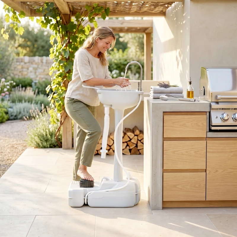 Outsunny Lavamanos Portátil Estación de Lavado para Actividades al Aire Libre y Camping con Tanque de Agua de 17L Dispensador de Jabón Toallero y 2 Ruedas HDPE para Eventos, Reuniones Gris Claro