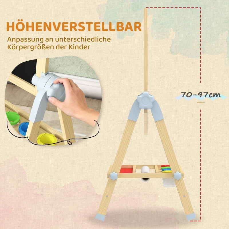 AIYAPLAY Kinder Staffelei aus Holz, Doppelseitige Whiteboard und Tafel Höhenverstellbar Standtafel mit Papierrolle, Ablage, Natur