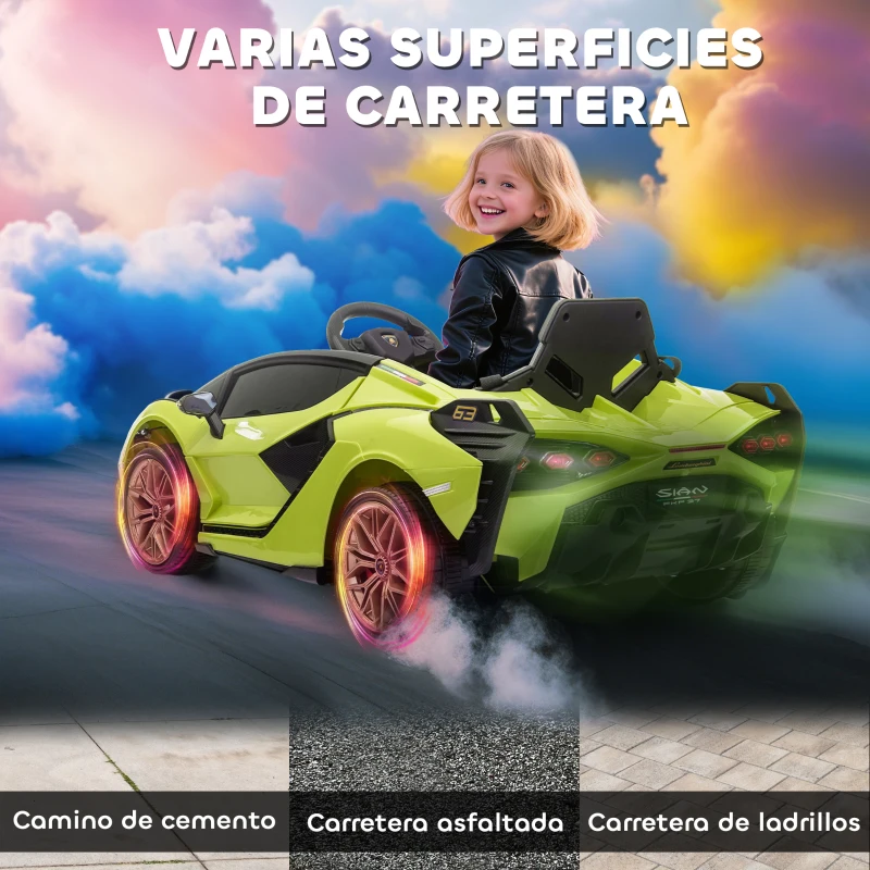 HOMCOM Coche Eléctrico para Niños de +3 Años Lamborghini SIAN Coche de Batería 12V con Mando a Distancia Apertura de Puerta Música MP3 USB y Faros 3-5 km/h 108x62x40 cm Verde
