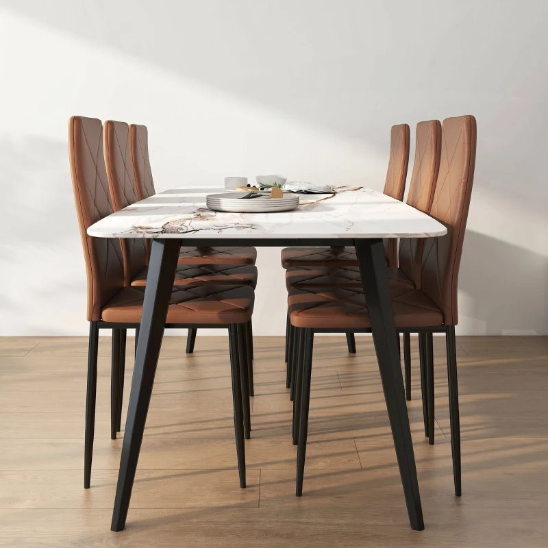 HOMCOM, Set de 6 Scaune de Dining Moderne, Cu Spătar Înalt, din Piele Ecologică și Oțel, 41x50x97 cm, Maro