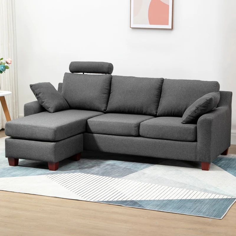 HOMCOM Divano Angolare a 3 Posti con Poggiapiedi e Cuscini, Divanetto a forma L per Salotto e Soggiorno, in Tessuto di Lino, Grigio Scuro, 195 x 81 x 86cm