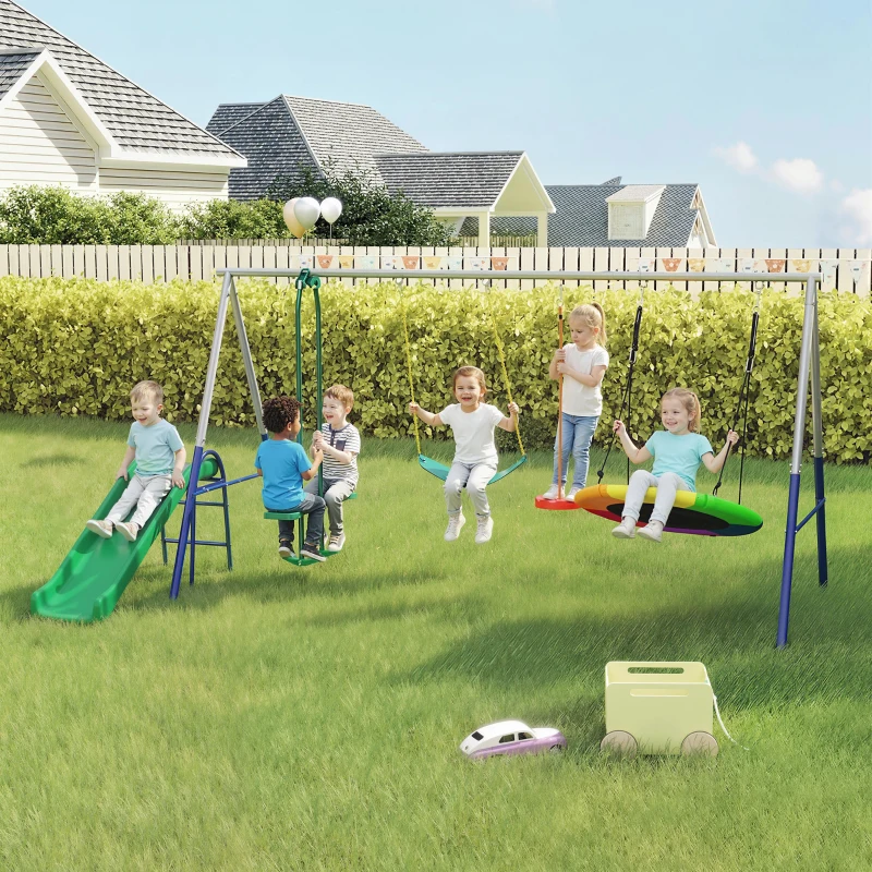 AIYAPLAY Balançoire Portique Enfants 5 en 1 avec Toboggan, 3 Balançoire, Face à Face, Hauteur Réglable, 3-8 ans, Multicolore