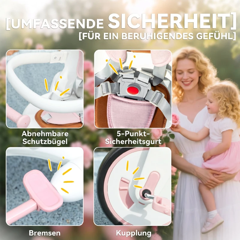 AIYAPLAY Triciclu pentru copii 5 în 1 cu mâner de împingere și acoperire detașabilă, 96,5x49x101 cm, roz