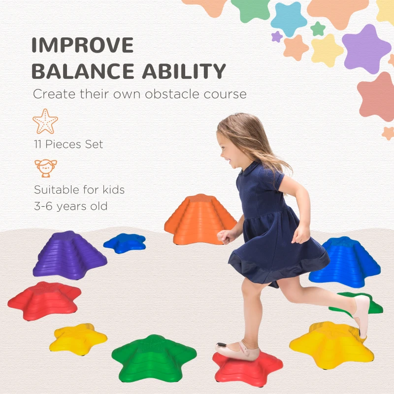 Outsunny 11-Piece Stepping Stones Kids, Starfish Style Non-slip Obstacle Course, Stackable Balance Blocks Garden Toys, Encourage Toddler Sensory Toys Indoor Outdoor - Multicoloured