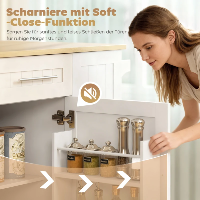 HOMCOM Fahrbare Kücheninsel, erweiterbare Oberfläche, Schranktüren, Schubladen, Handtuchhalter, Küchenwagen aus MDF, Weiß