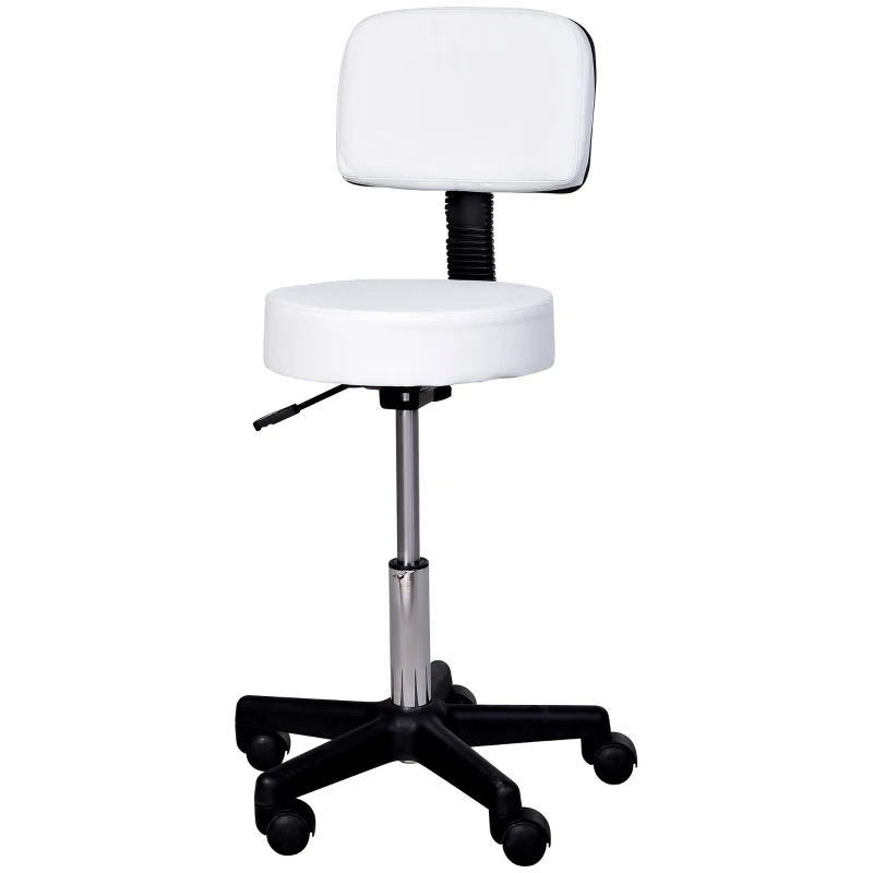 HOMCOM Rollhocker höhenverstellbar mit Rückenlehne Drehhocker 72-84 cm Arbeitshocker 360° drehbar Bürohocker für Büro Salon Massage Spa Weiß