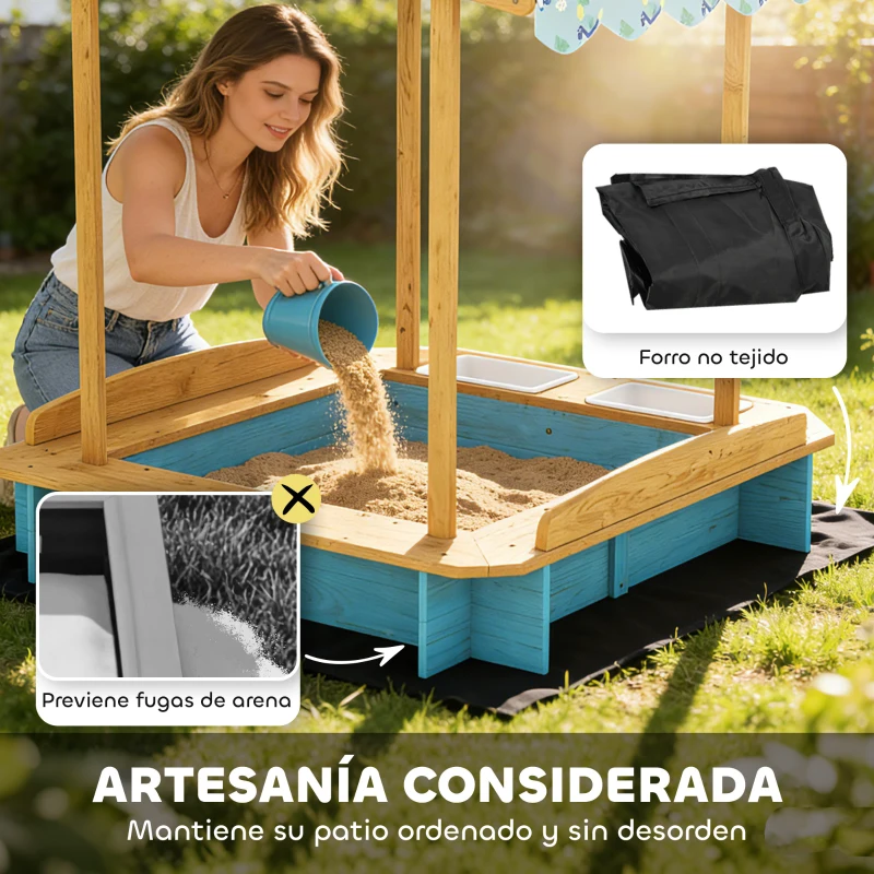 AIYAPLAY Arenero para Niños de Madera con Techo 3 Bancos 2 Cajas de PP Forro para Niños de 3-6 Años 128x118x121 cm Azul