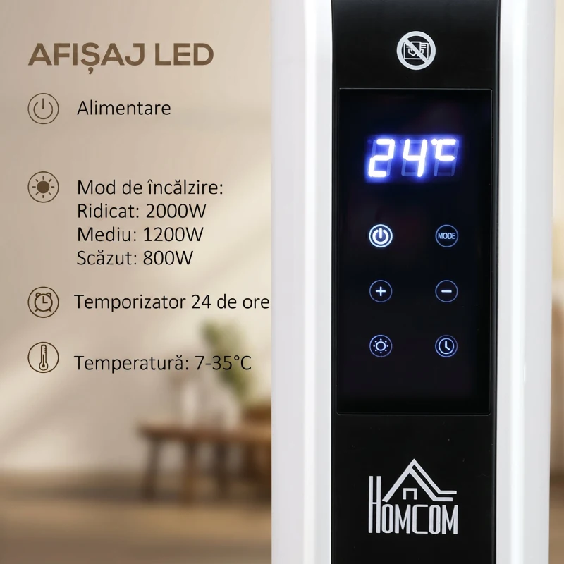 HOMCOM Radiator Electric cu 3 Moduri, Timer și Termostat, din Oțel și Plastic, 60x18.5x39.5 cm, Alb și Negru