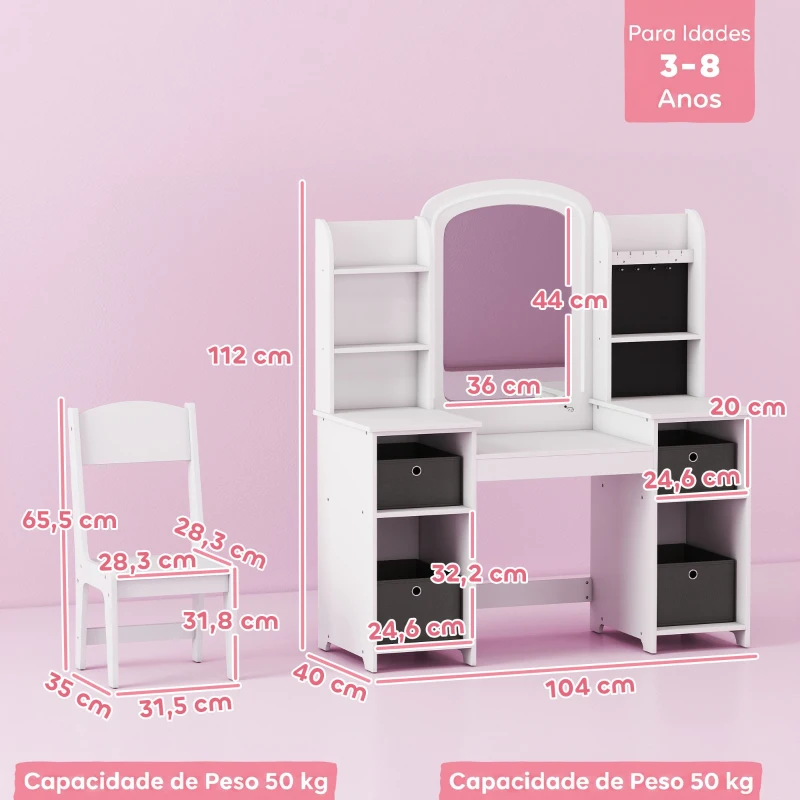 AIYAPLAY Penteadeira Infantil com Espelho LED, Cadeira, Gavetas em Tecido, Ganchos para Joias e Prateleiras, 3-8 Anos, Branco