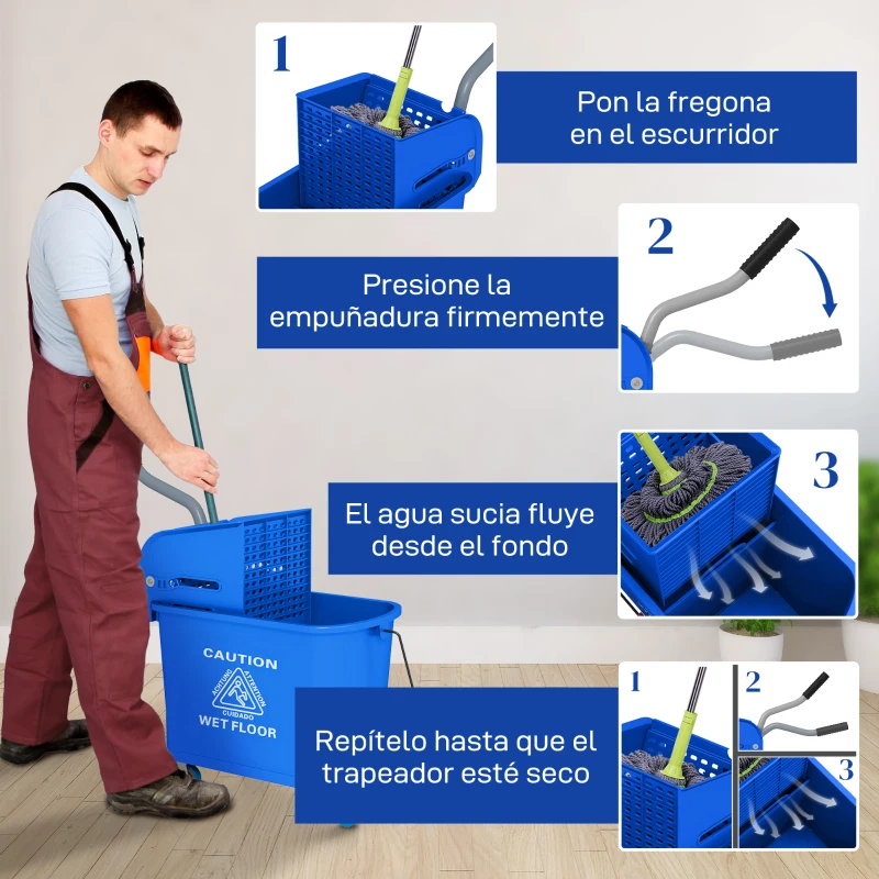 HOMCOM Cubo de Fregona con Ruedas 20 L Cubo de Fregar con Escurridor y Asa de Transporte para Doméstico y Comercial Azul