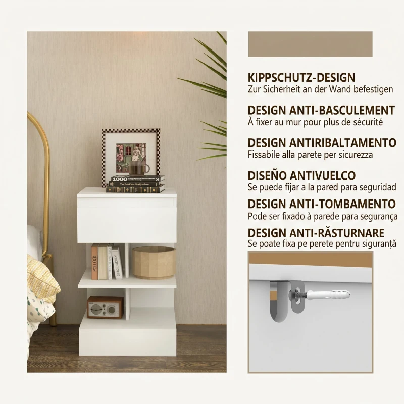 HOMCOM Noptiera Moderna din PAL si MDF cu un Sertar si 2 Rafturi, 39x39x65 cm, Alb