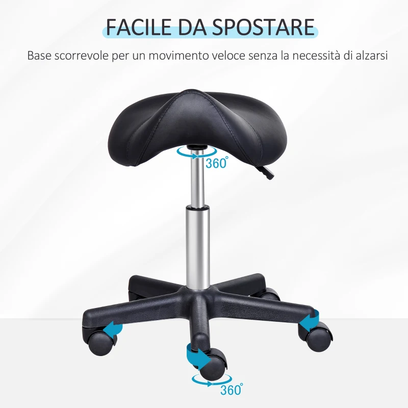 HOMCOM Sgabello Girevole a Sella con Ruote e Altezza Regolabile, Imbottito e Rivestito in Finta Pelle, Nero