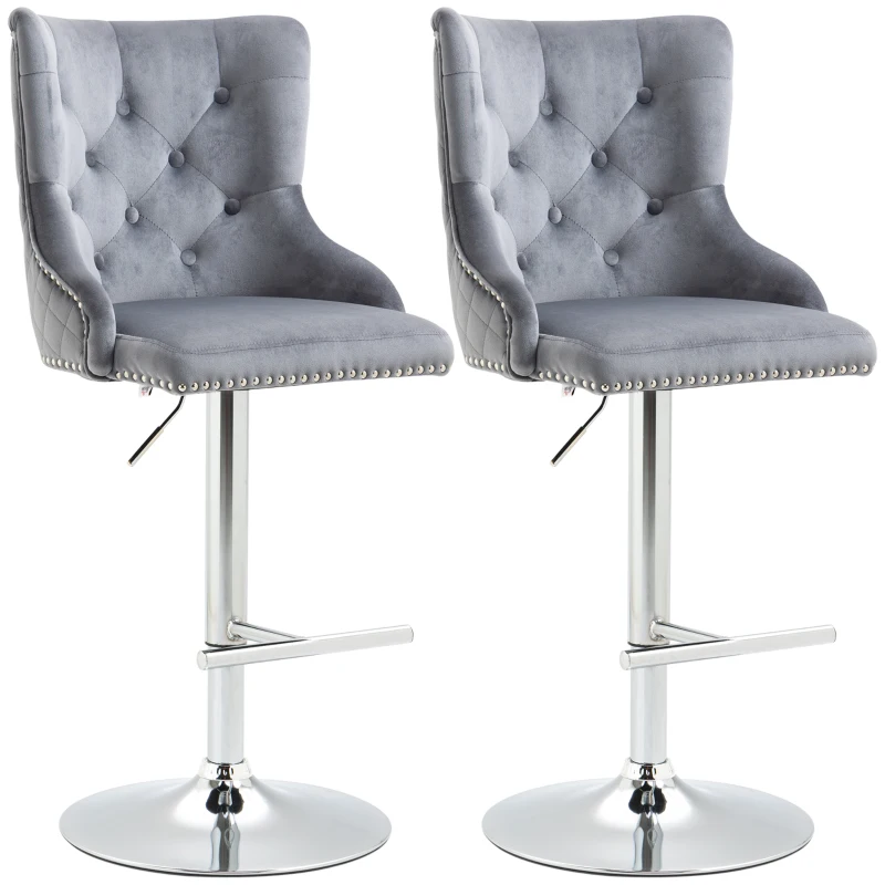 HOMCOM Bar Stools Set of 2, Modern Swivel & Adjustable Velvet Barstools with Button-Tufted Back, Footrest for Home Bar, Grey