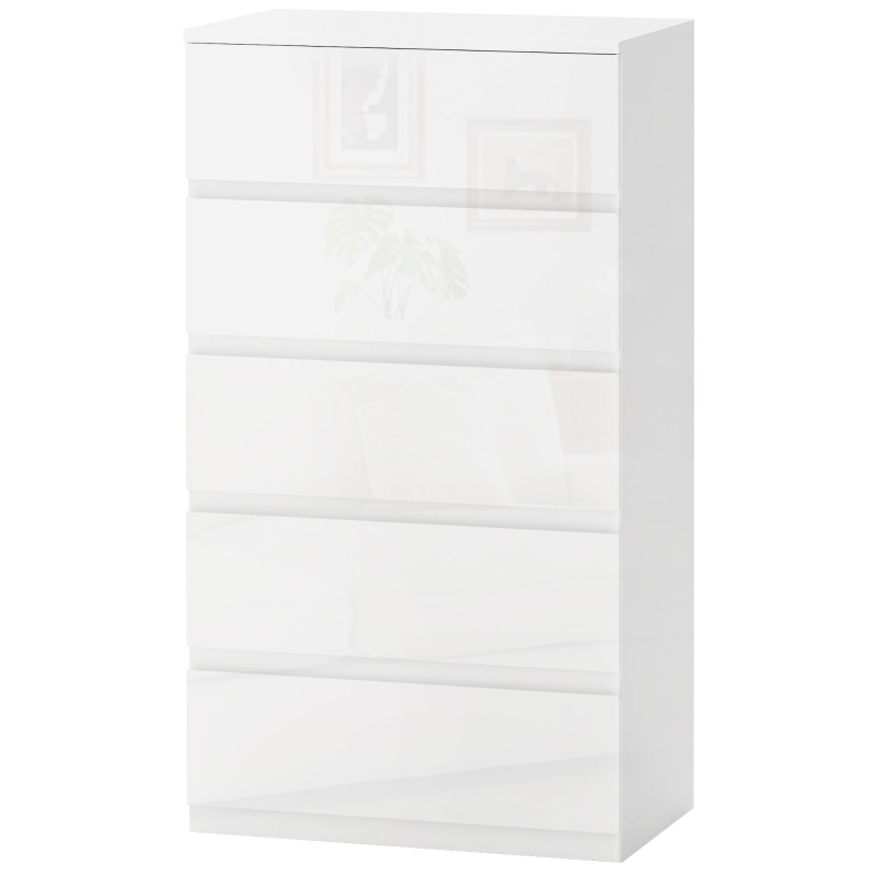 HOMCOM Comodă modernă cu 5 sertare și sistem antirăsturnare, din lemn, 55x33x100 cm, alb lucios