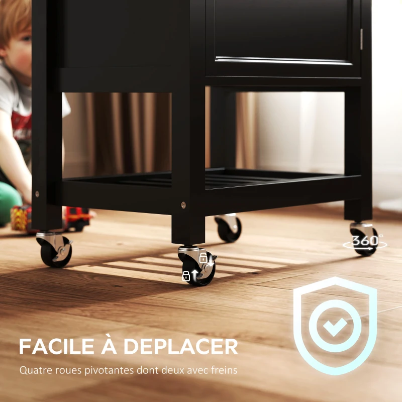 HOMCOM Desserte de cuisine à roulettes, chariot de service, plan de travail en bois d'hévéa, tiroir, 63,5 x 40 x 90 cm, noir