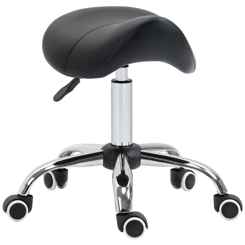 HOMCOM Cosmetic Stool 360° Rotate Height Adjustable Salon Massage Spa Chair Hydraulic Rolling Faux Leather Saddle Stool Mobility, Black