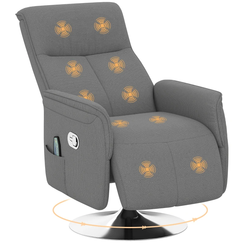 HOMCOM Fauteuil relax massant fauteuil de relaxation inclinable pivotant dossier et repose-pieds réglable 68,5x77x117cm gris(m-11)