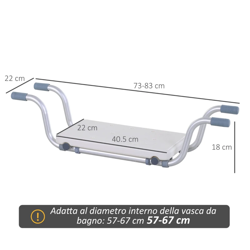 HOMCOM Sedile per Vasca in Lega di Alluminio e Plastica, Sgabello per Vasca da Bagno Larghezza Regolabile 73-83cm, Max. Carico 150kg