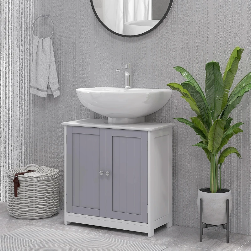 kleankin Mobile Sottolavabo per Bagno con Ripiano Regolabile, Mobiletto Sottolavabo con Intaglio a U, Mobile Bagno Moderno e Salvaspazio, Adatto a Lavabi a o senza Colonna, 60x30x60 cm, Bianco e Grigio